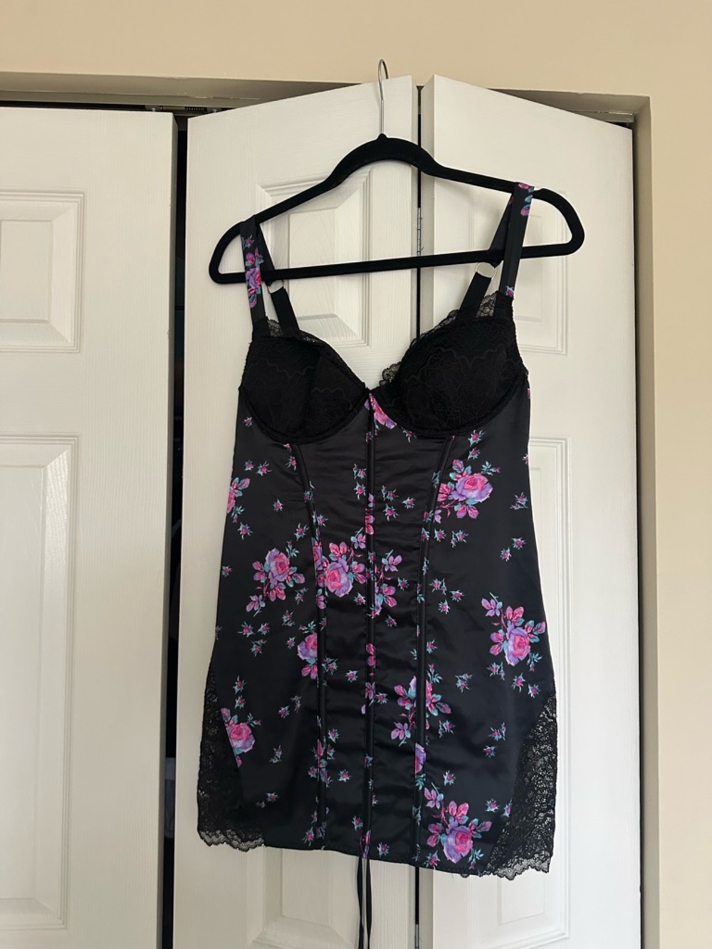 Victoria's Secret Black Chemise with Pink Floral Print